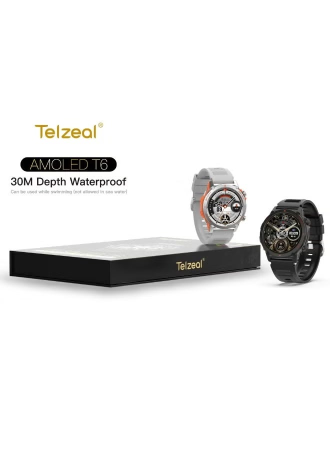 Telzeal AMOLED T6 Smartwatch with AMOLED Display – 30M Waterproof, 2 Interchangeable Straps, Magnetic Charger, Fitness & Health Tracking, Bluetooth Notifications – Silver - Image 4